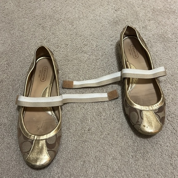 COACH gold ballerina flat ballet shoes with strap - Picture 8 of 14